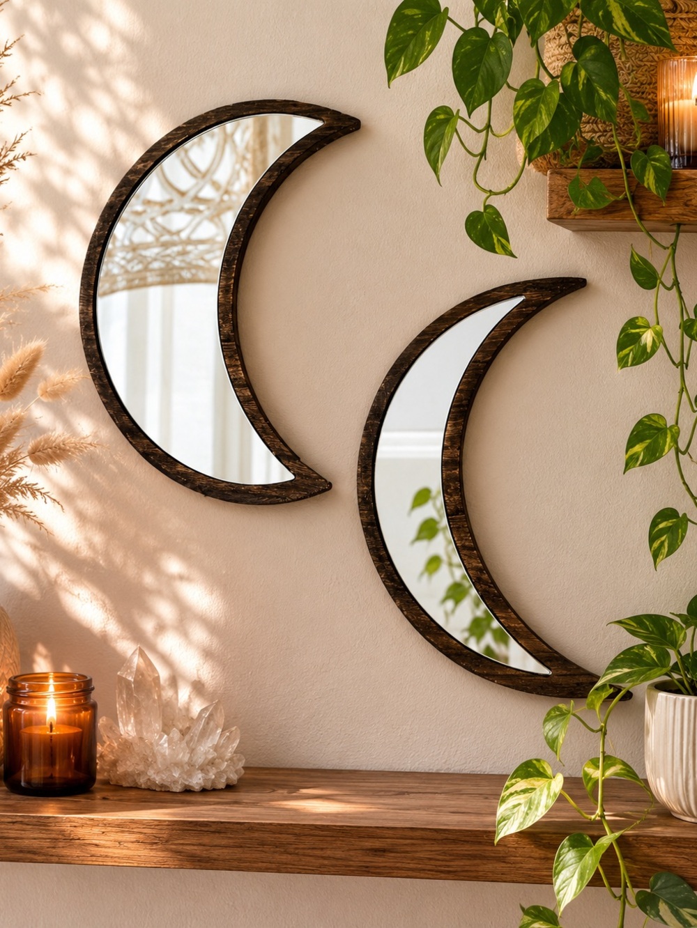 2 Piece Wood Moon Mirror Boho Wall Set